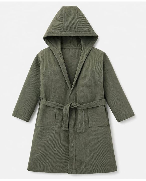 Pine Kids 100% Cotton Knit Full Sleeves Hooded Solid Bath Robe - Olive Green