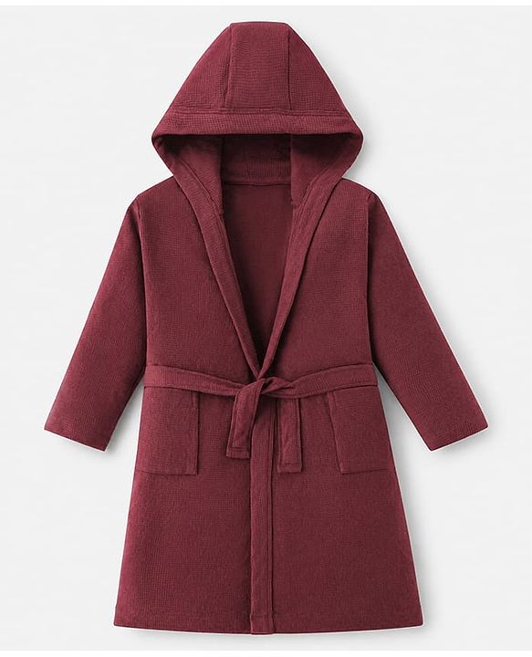Pine Kids 100% Cotton Knit Full Sleeves Hooded Solid Bath Robe - Maroon