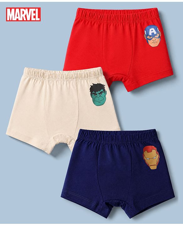 Babyhug Marvel 100% Cotton Knit Single Jersey Briefs With Avenger Graphic Pack of 3 - Beige, Red & Navy Blue