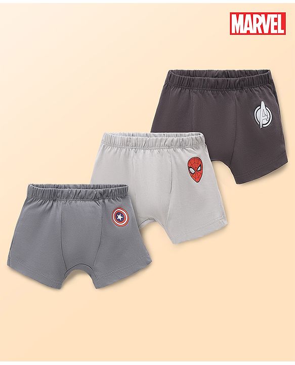 Babyhug Marvel Single Jersey Knit Brief with Avenger Graphic Pack of 3 - Brown, Grey, Light Grey