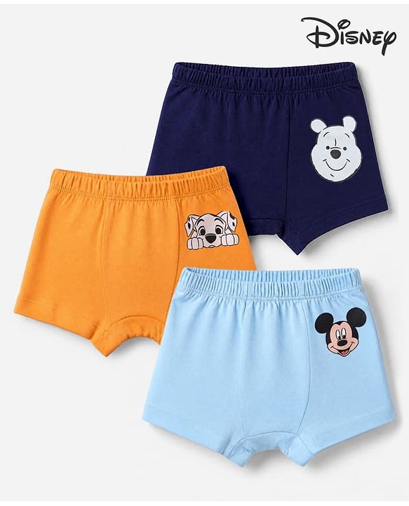 Babyhug Disney 100% Cotton Knit Briefs With Disney Character Graphic Pack Of 3 - Sky Blue Orange & Navy Blue