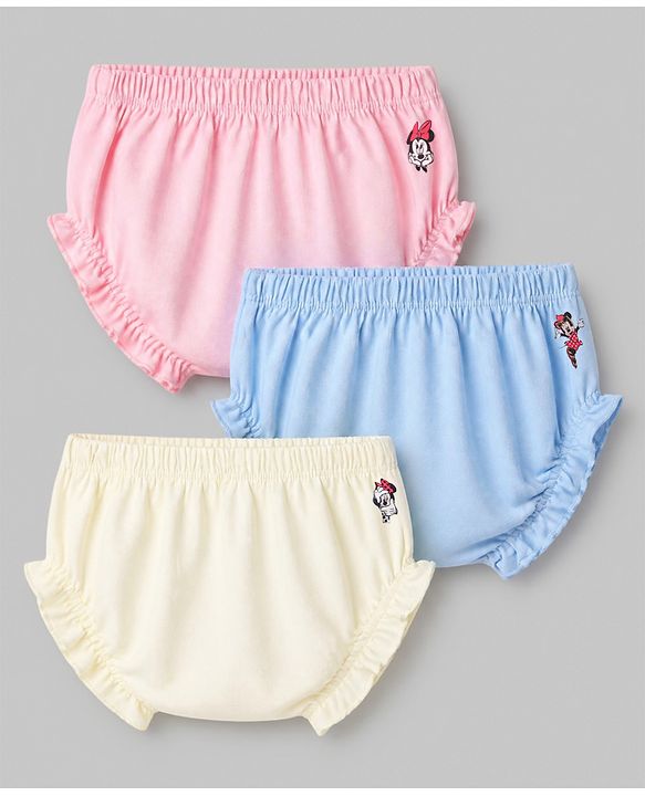 Babyhug Disney Single Jersey Knit Bloomers With Minnie Mouse Graphic Pack of 3- Pink Blue Yelow