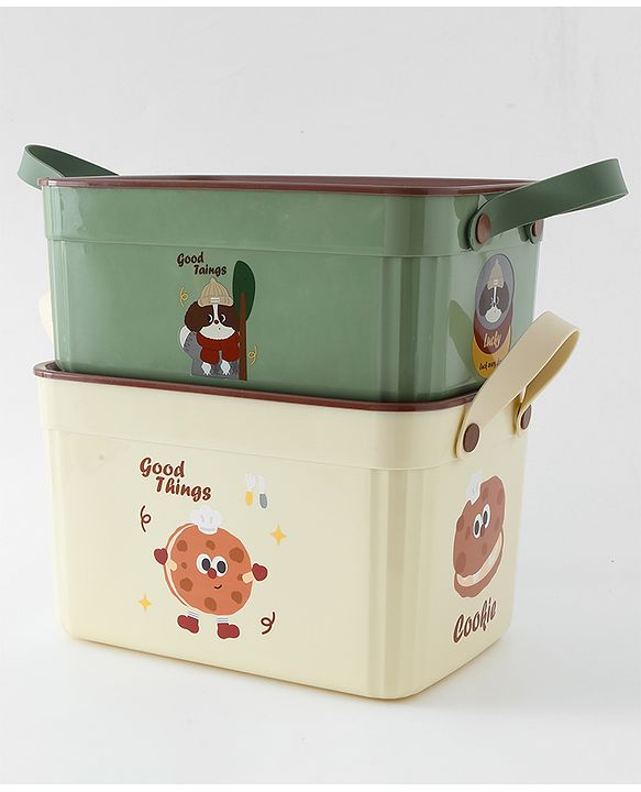 Babyhug Good Things Printed Storage Boxes Set of 2 Cream & Green | Large & Medium Sizes | Side Handles | Multipurpose Home Organizer | Unisex