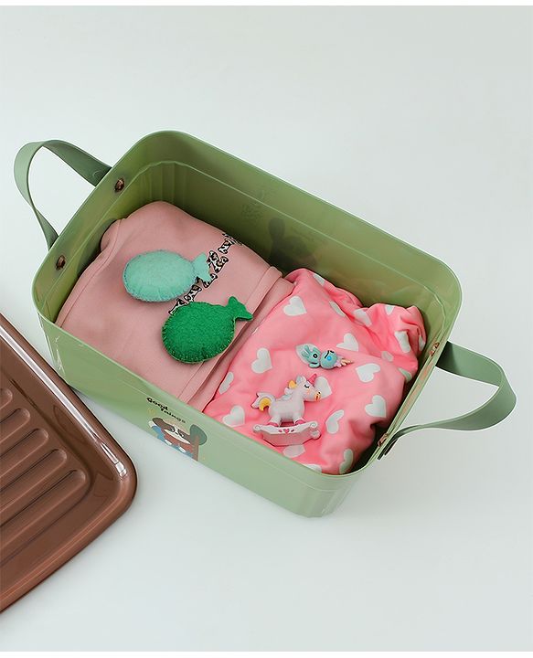Babyhug Good Things Printed Storage Boxes Set of 2 Cream & Green | Large & Medium Sizes | Side Handles | Multipurpose Home Organizer | Unisex