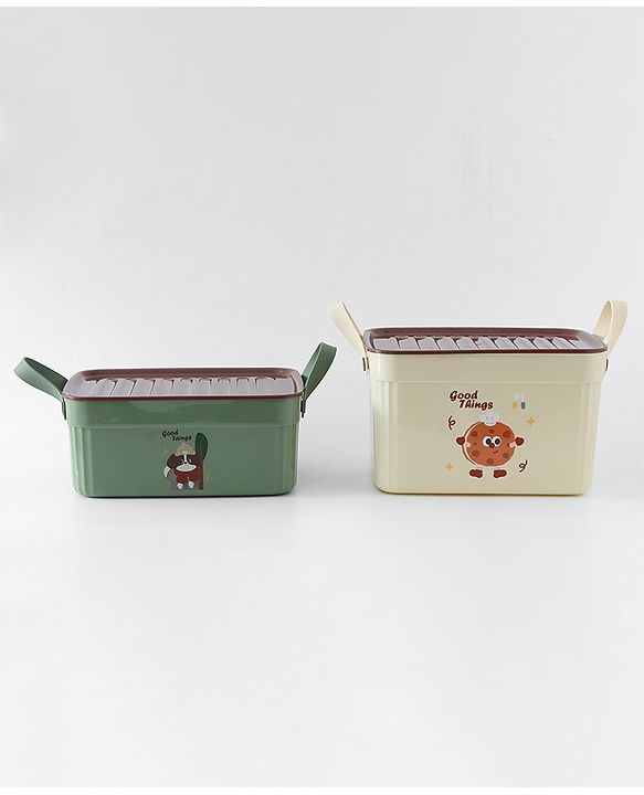 Babyhug Good Things Printed Storage Boxes Set of 2 Cream & Green | Large & Medium Sizes | Side Handles | Multipurpose Home Organizer | Unisex