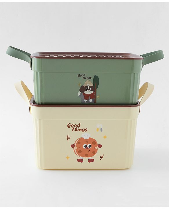 Babyhug Good Things Printed Storage Boxes Set of 2 Cream & Green | Large & Medium Sizes | Side Handles | Multipurpose Home Organizer | Unisex