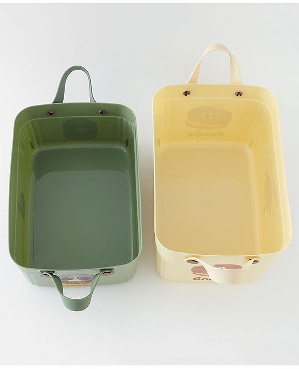 Babyhug Good Things Printed Storage Boxes Set of 2 Cream & Green | Large & Medium Sizes | Side Handles | Multipurpose Home Organizer | Unisex