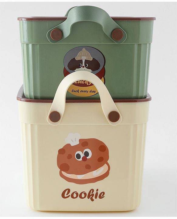 Babyhug Good Things Printed Storage Boxes Set of 2 Cream & Green | Large & Medium Sizes | Side Handles | Multipurpose Home Organizer | Unisex