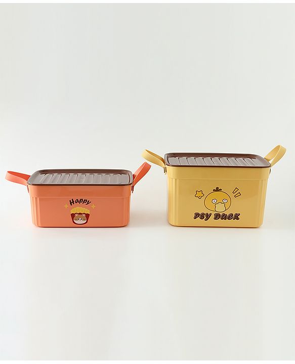 Babyhug Good Things Printed Storage Boxes Set of 2 Cream & Green | Large & Medium Sizes | Side Handles | Multipurpose Home Organizer | Unisex