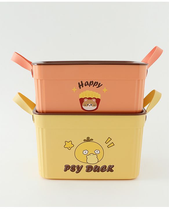 Babyhug Good Things Printed Storage Boxes Set of 2 Cream & Green | Large & Medium Sizes | Side Handles | Multipurpose Home Organizer | Unisex
