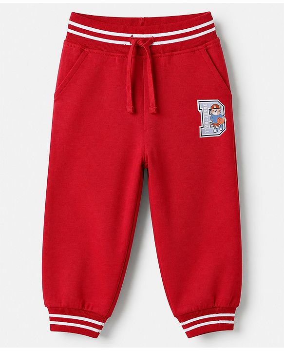 Babyhug Cotton Looper Knit Full Length Track Pant With Bear Patch - Red