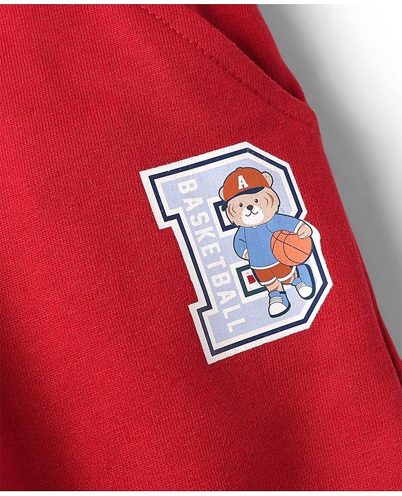 Babyhug Cotton Looper Knit Full Length Track Pant With Bear Patch - Red