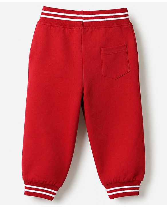 Babyhug Cotton Looper Knit Full Length Track Pant With Bear Patch - Red