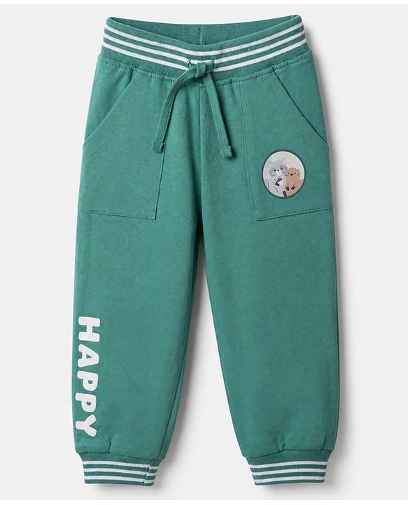 Babyhug Cotton Looper Knit Jogger Fit Full Length Lounge Pant with Happy Print - Green