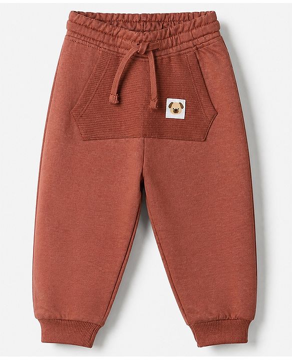 Babyhug Cotton Looper Knit Full Length Track Pant with Dog Applique - Brown