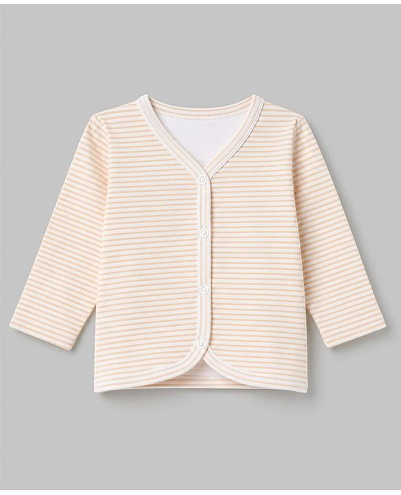 Babyhug 100% Cotton Interlock Knit Front Open Striped Jhablas With Floral & Deer Print Pack of 3 - Peach, White & Beige