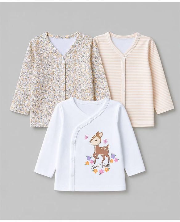 Babyhug 100% Cotton Interlock Knit Front Open Striped Jhablas With Floral & Deer Print Pack of 3 - Peach, White & Beige