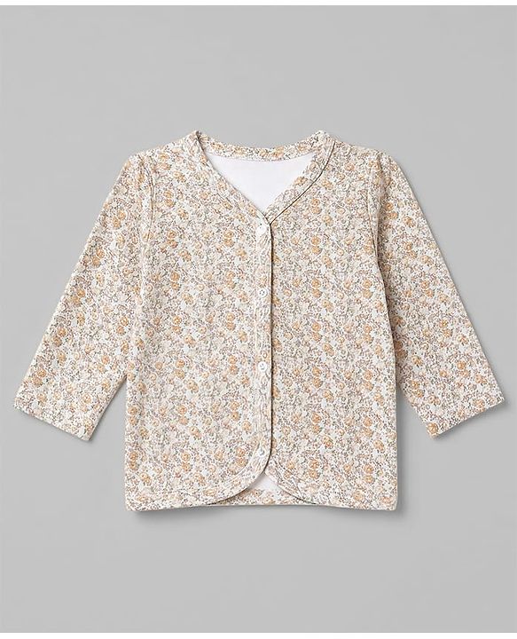 Babyhug 100% Cotton Interlock Knit Front Open Striped Jhablas With Floral & Deer Print Pack of 3 - Peach, White & Beige