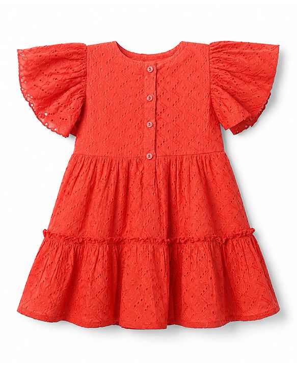 Babyhug 100% Cotton Woven Frock with Half Sleeves, Flutter Sleeves and Eyelet Embroidery in Red