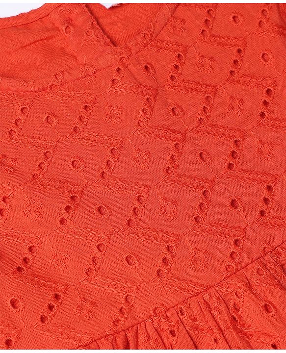 Babyhug 100% Cotton Woven Frock with Half Sleeves, Flutter Sleeves and Eyelet Embroidery in Red