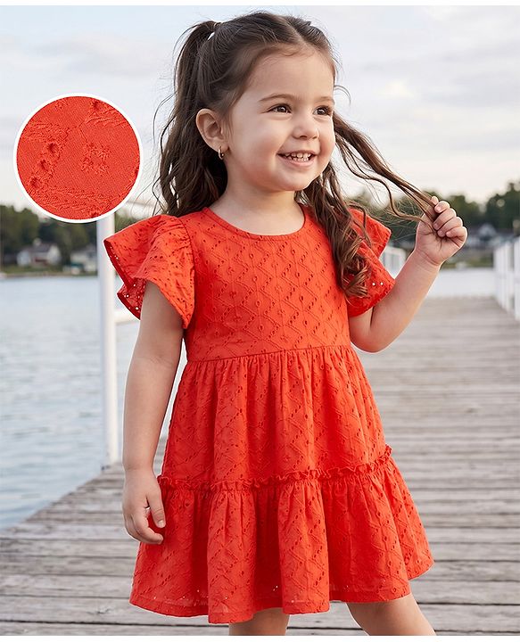 Babyhug 100% Cotton Woven Frock with Half Sleeves, Flutter Sleeves and Eyelet Embroidery in Red