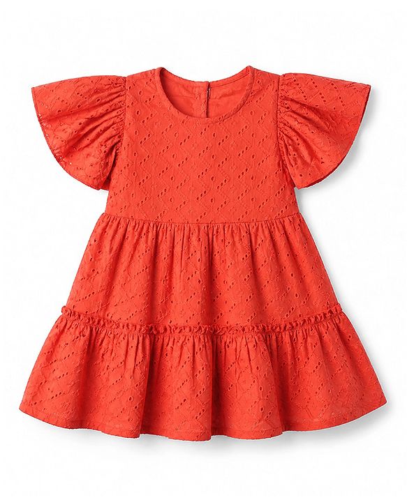 Babyhug 100% Cotton Woven Frock with Half Sleeves, Flutter Sleeves and Eyelet Embroidery in Red