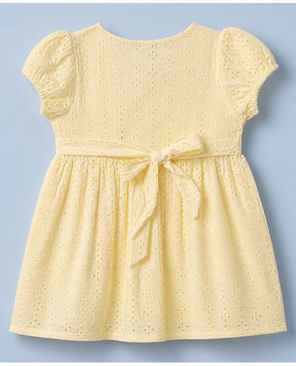 Babyhug Cotton Schiffili Woven Fit and Flare Frock with Puffed Sleeves in Cream