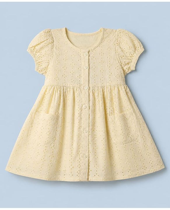 Babyhug Cotton Schiffili Woven Fit and Flare Frock with Puffed Sleeves in Cream