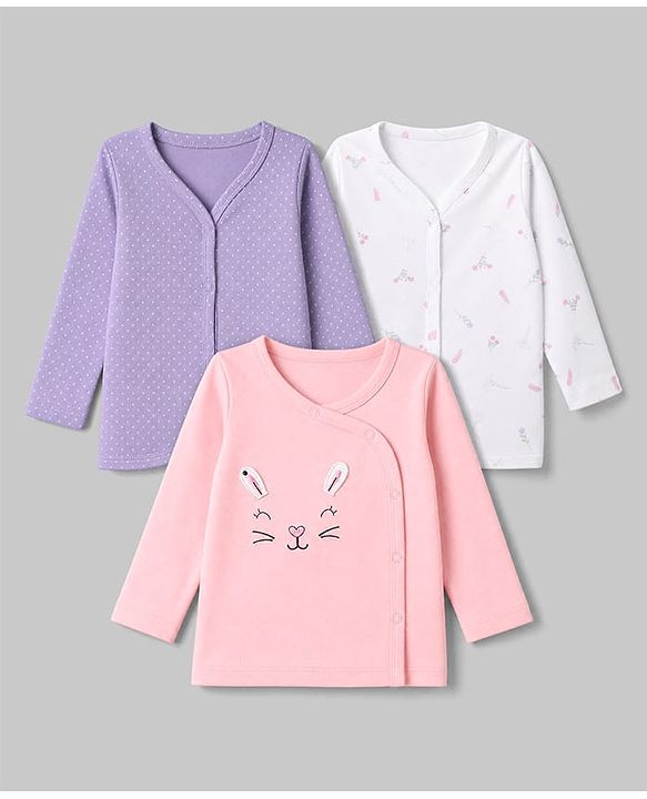 Babyhug 100% Cotton Interlock Knit Front Open Full Sleeves Jhablas With Polka Dot, Floral Print & Bunny Ear Applique Pack of 3 - Lilac, White & Pink