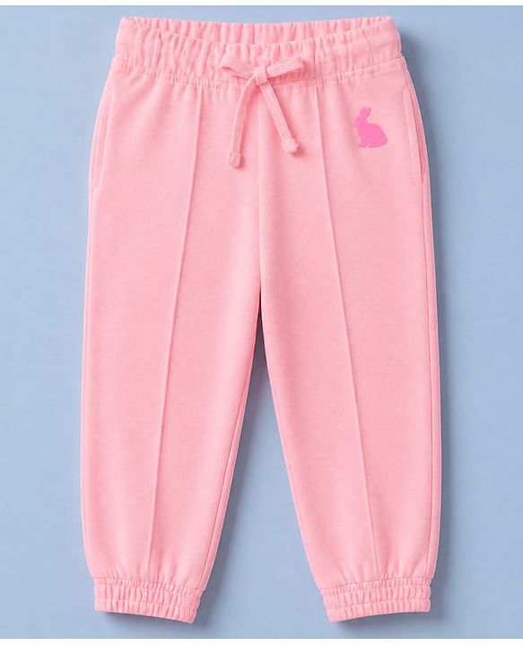 Babyhug Cotton Looper Knit Full Length Lounge Pant with Jogger Fit and Rabbit Applique - Pink