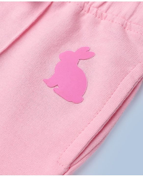 Babyhug Cotton Looper Knit Full Length Lounge Pant with Jogger Fit and Rabbit Applique - Pink
