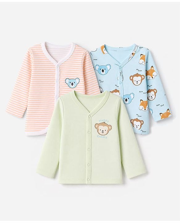 Babyhug 100% Cotton Interlock Knit Full Sleeves Animal & Striped Print Jhablas Pack of 3 - Blue Pink & Green