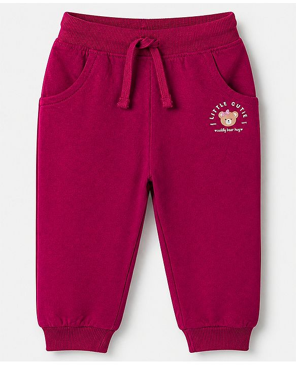 Babyhug Cotton Looper Knit Full Length Track Pant with Bear Print - Red
