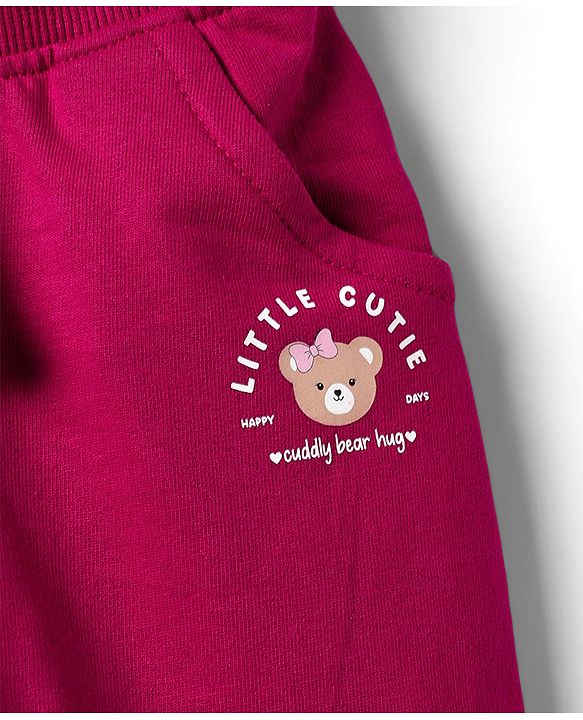 Babyhug Cotton Looper Knit Full Length Track Pant with Bear Print - Red