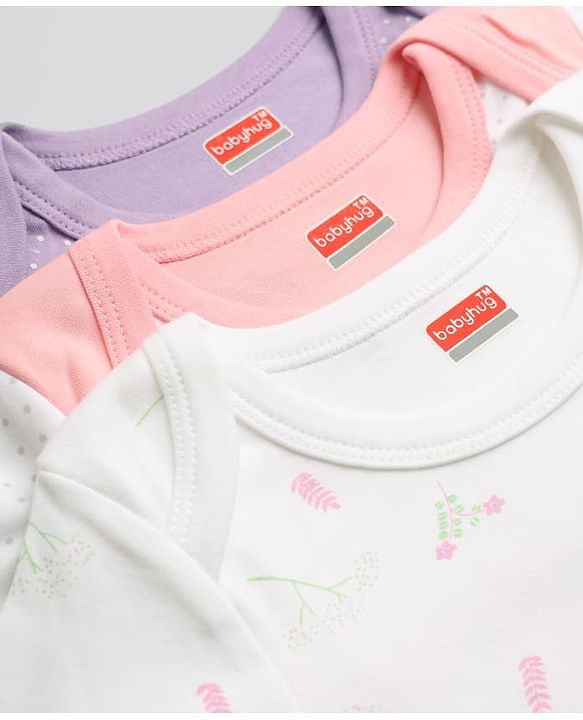 Babyhug 100% Cotton Interlock Knit Full Sleeve Onesies With Polka Dot & Floral Printed Pack of 3 - White, Lilac & Pink