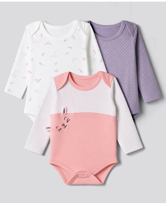 Babyhug 100% Cotton Interlock Knit Full Sleeve Onesies With Polka Dot & Floral Printed Pack of 3 - White, Lilac & Pink