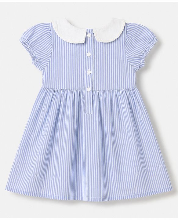 Babyhug Cotton Woven Half Puffed Sleeves Striped Frock With Bow Applique - Blue