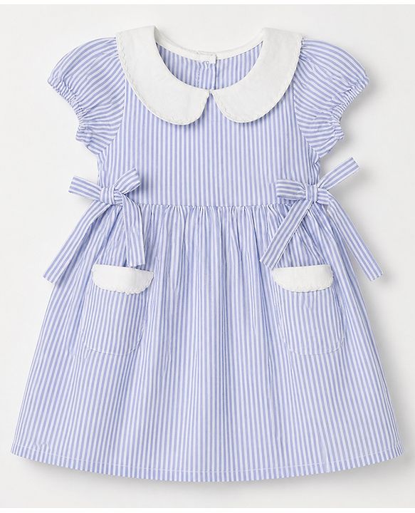 Babyhug Cotton Woven Half Puffed Sleeves Striped Frock With Bow Applique - Blue