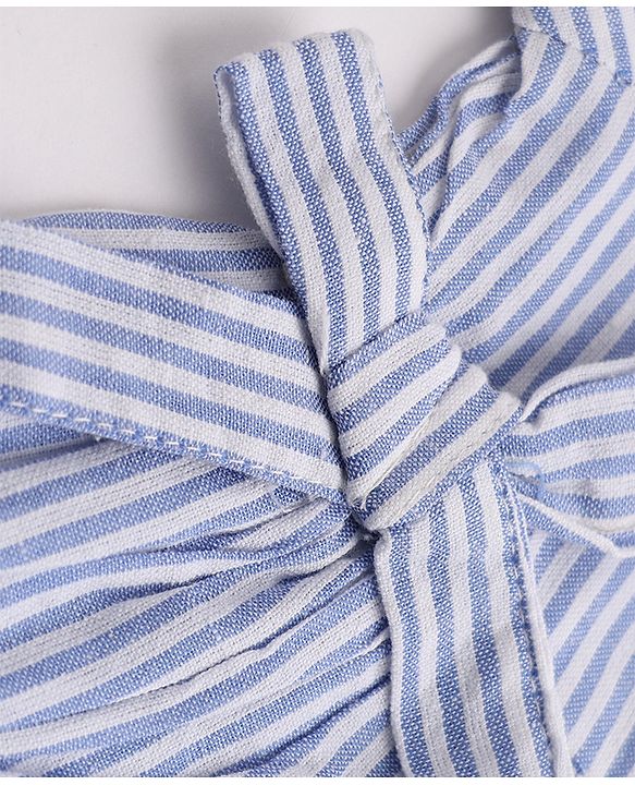 Babyhug Cotton Woven Half Puffed Sleeves Striped Frock With Bow Applique - Blue