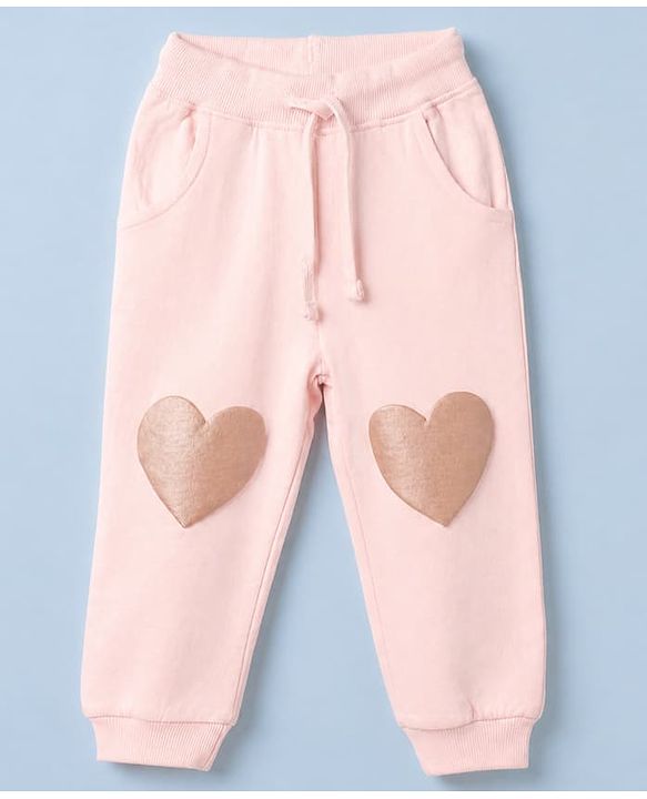 Babyhug Cotton Looper Knit Jogger Fit Full Length Lounge Pants with Heart Applique - Pink