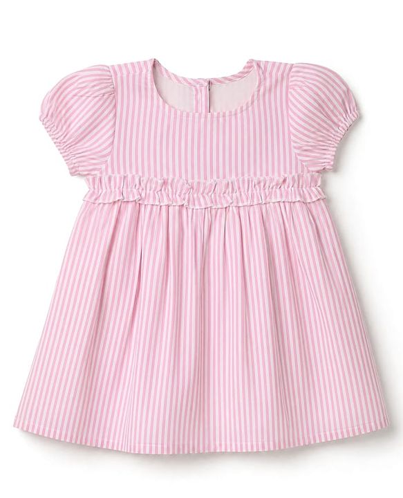 Babyhug Cotton Woven One Piece Dress with Half Sleeves and Striped Print - Pink