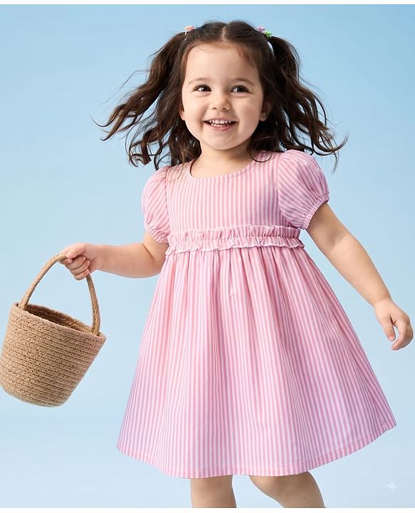 Babyhug Cotton Woven One Piece Dress with Half Sleeves and Striped Print - Pink