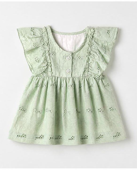 Babyhug 100% Cotton Woven Frock with Frill Sleeves and Eyelet Embroidery in Green