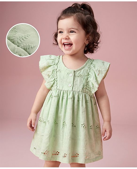 Babyhug 100% Cotton Woven Frock with Frill Sleeves and Eyelet Embroidery in Green