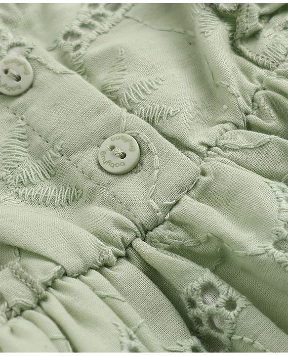 Babyhug 100% Cotton Woven Frock with Frill Sleeves and Eyelet Embroidery in Green