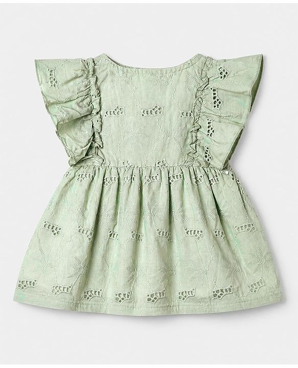 Babyhug 100% Cotton Woven Frock with Frill Sleeves and Eyelet Embroidery in Green