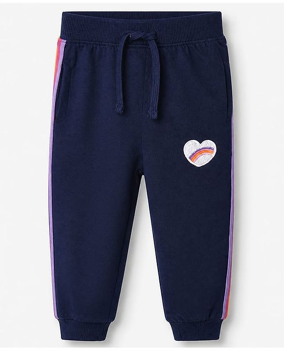 Babyhug Cotton Looper Knit Full Length Track Pants With Heart Patch - Navy Blue