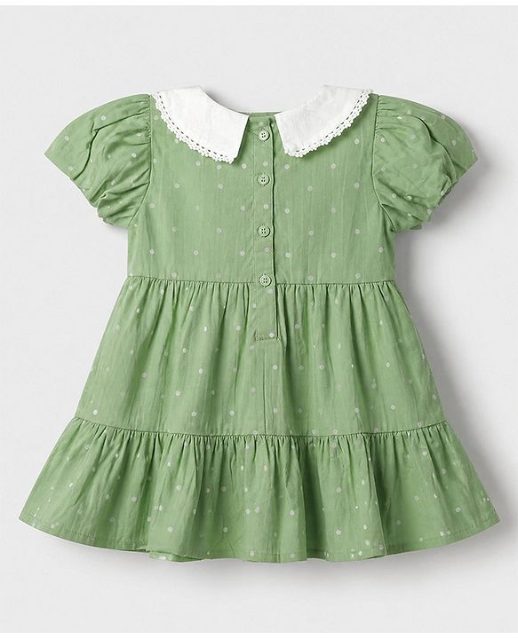 Babyhug Cotton Woven Half Sleeves One Piece Dress With Polka Dots Print & Bow Applique - Green