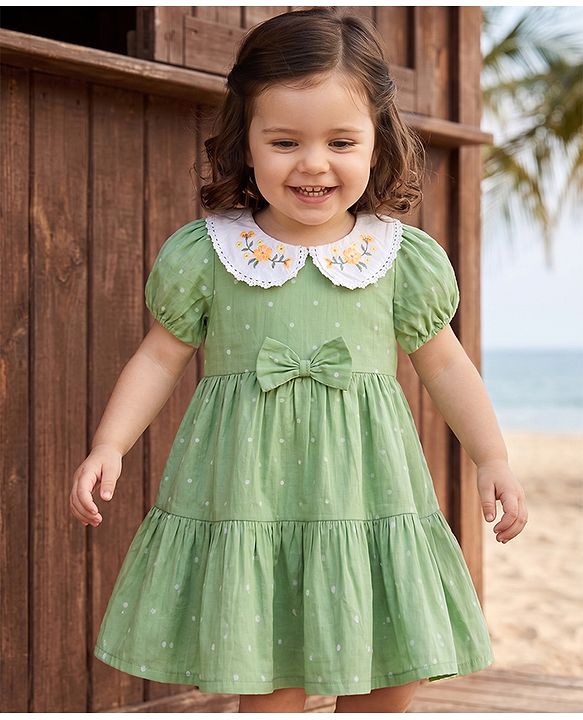 Babyhug Cotton Woven Half Sleeves One Piece Dress With Polka Dots Print & Bow Applique - Green