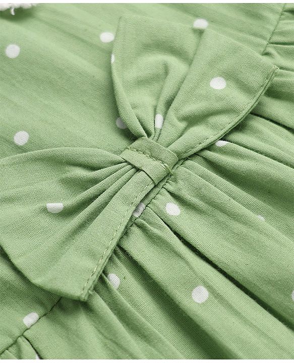 Babyhug Cotton Woven Half Sleeves One Piece Dress With Polka Dots Print & Bow Applique - Green